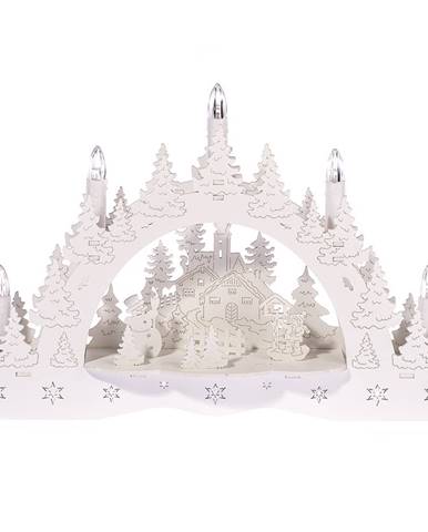 Vianočný LED svietnik Zimná krajina, kostol a kŕmidlo, 35 x 23 x 7,5 cm